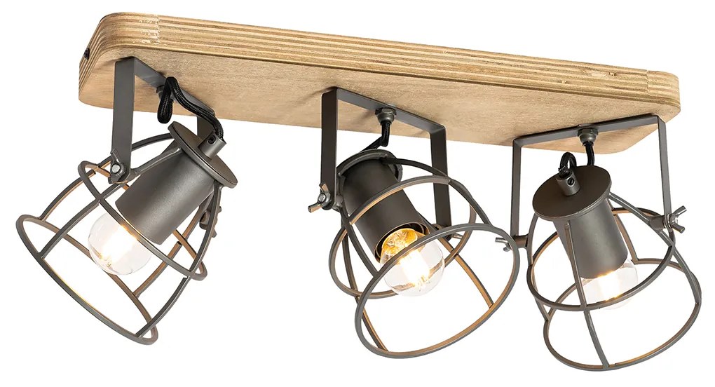Refletor industrial cinza escuro e madeira ajustável 3 luzes - Arthur Industrial