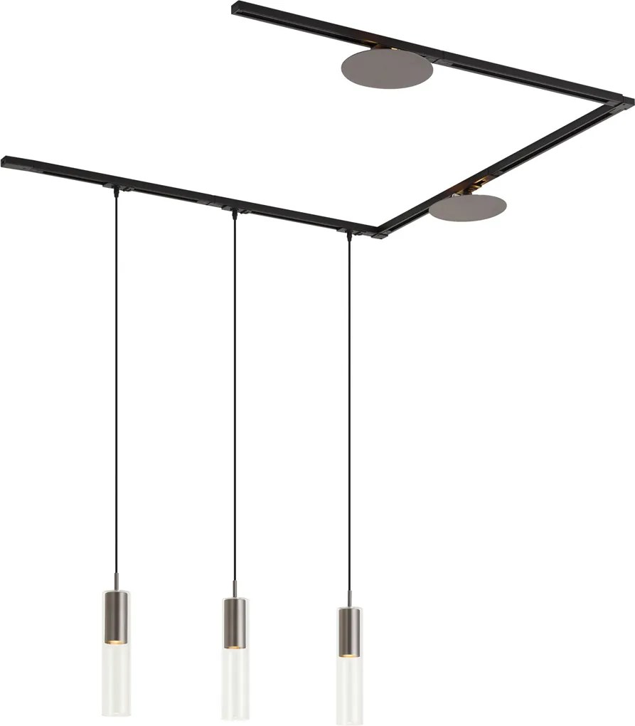 Sistema de calhas de iluminação moderno preto com 3 candeeiros suspensos e 2 candeeiros de teto cor de bronze 1-fase - Iconic Lloyd Pulley
