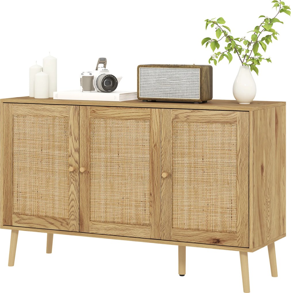 Aparador de sala de estar 120 x 40 x 75 cm com armários com portas em rattan e prateleira ajustável, em madeira natural