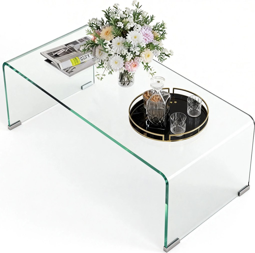 Mesa de centro de vidro 80 x 45 x 35 cm, mesa de sala retangular de design moderno em vidro temperado com bordas arredondadas e seguras, transparente