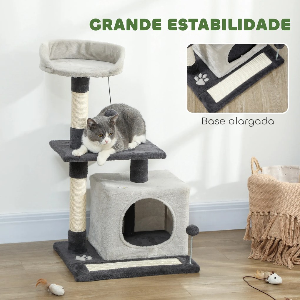 Arranhador para Gatos com Plataformas Caverna Postes Arranhadores Tapete de Sisal e Bolas 48x40x85 cm Cinzento Claro e Preto