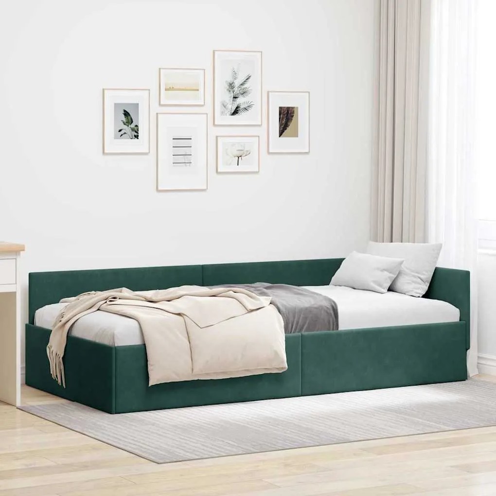 vidaXL Estrutura de Cama de Canto Verde Escuro 90 cm x 200 cm Veludo