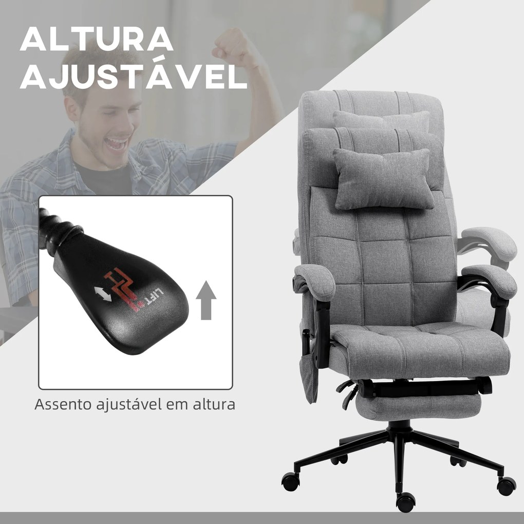 Cadeira de Escritório com 6 Pontos de Massagem 5 Modos Reclinável 155° com Função de Aquecimento 66x76x112-120 cm Cinza