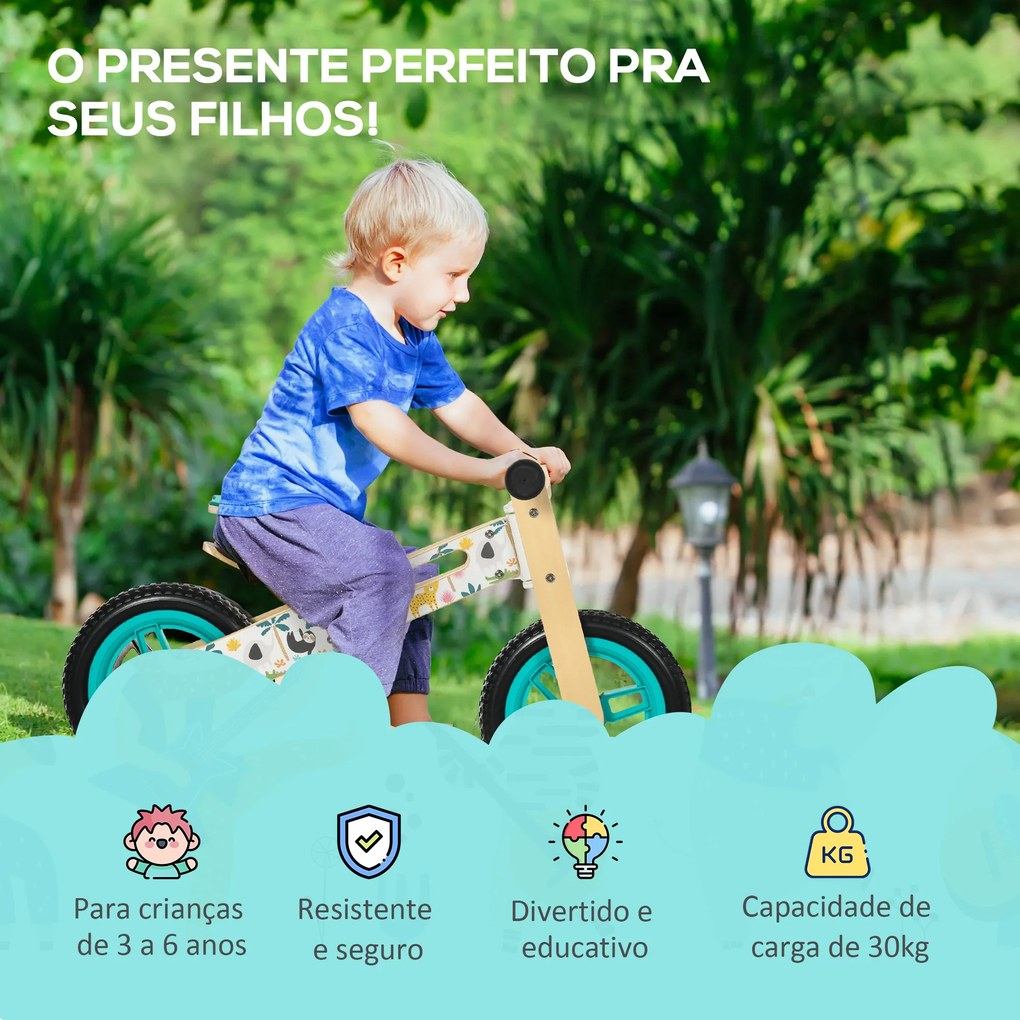 AIYAPLAY Bicicleta sem Pedais de Madeira para Crianças de 3-6 Anos com Assento Ajustável 34-40cm Bicicleta de Equilíbrio Infantil com Rodas de 12" Car