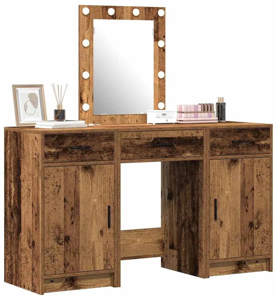 Conjunto de Mesa de Cômoda de 3 Peças com LED em Madeira de Engenharia