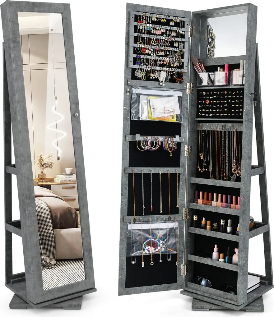 Espelho giratório 360° para joias com espelho de corpo inteiro Organizador de joias com espelho para maquilhagem 39 x 39 x 161 cm Cinza escuro