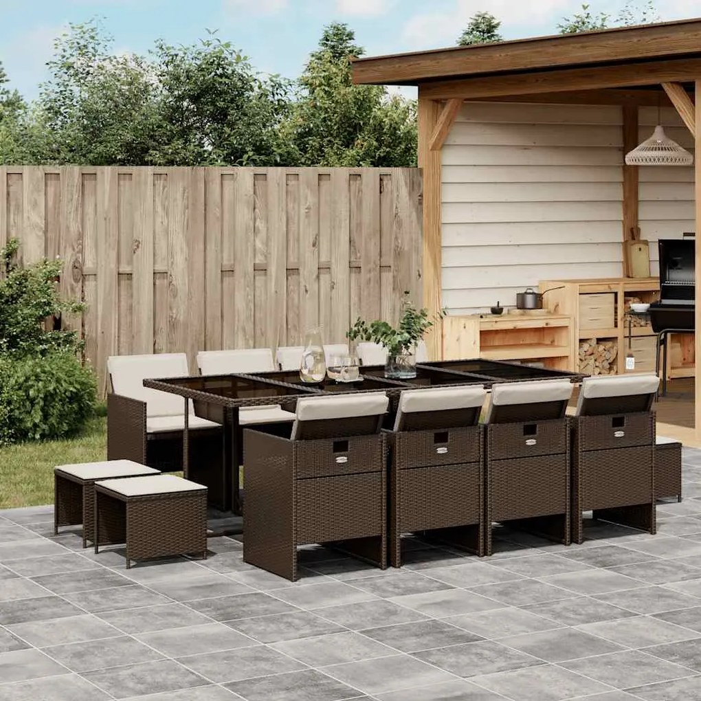 13 pcs conjunto jantar p/ jardim c/ almofadões vime PE castanho