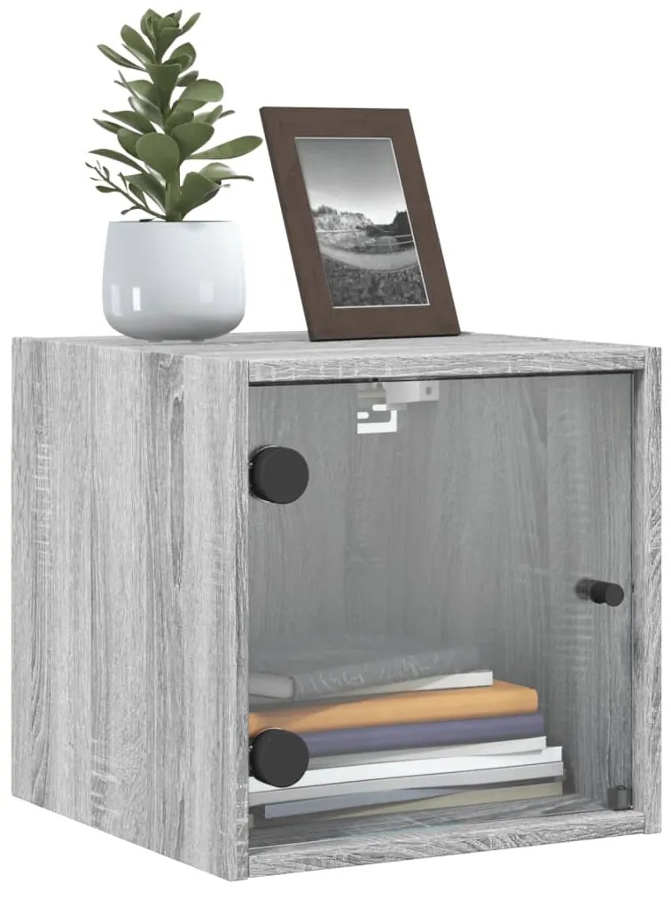 Mesa de cabeceira c/ porta de vidro 35x37x35 cm cinzento sonoma