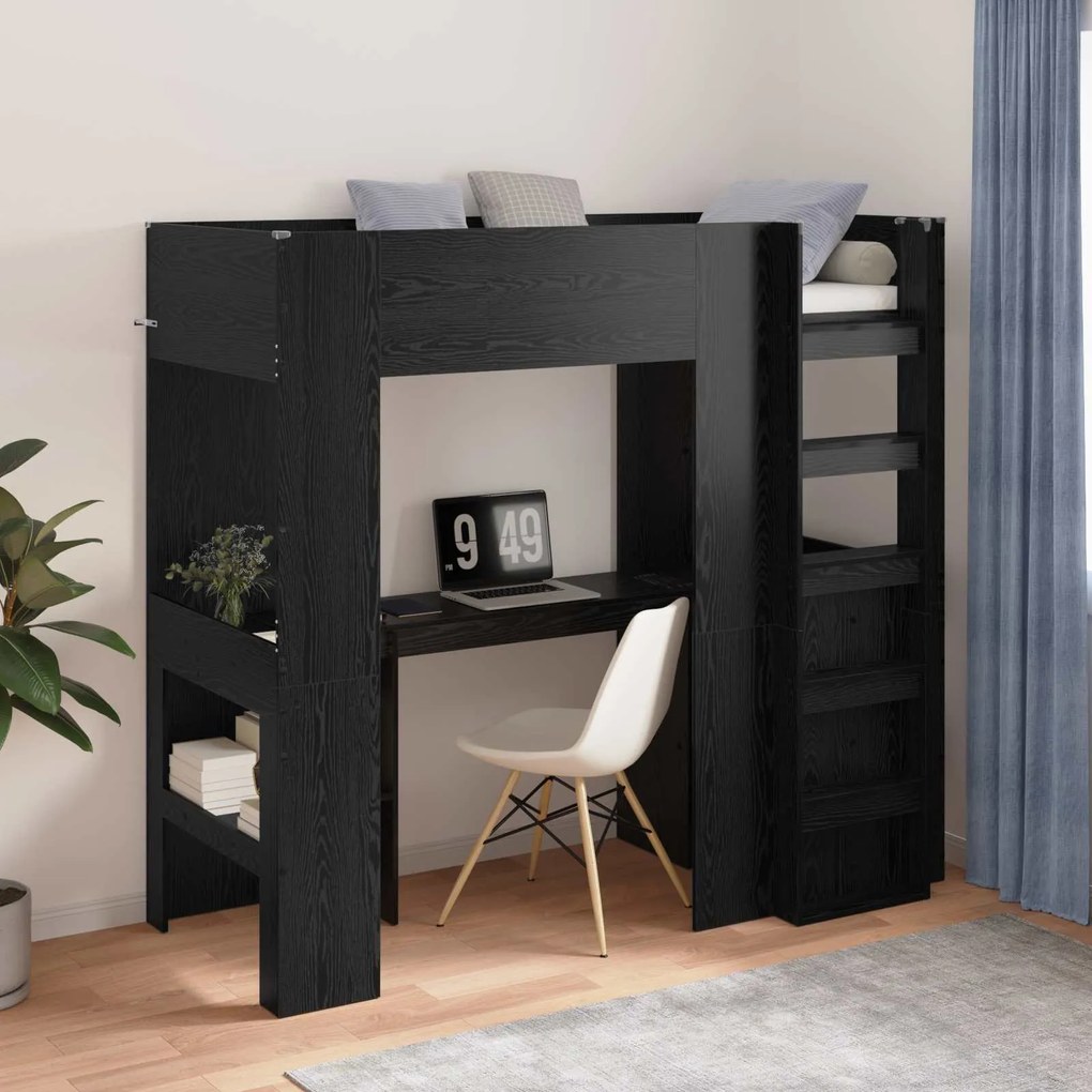 vidaXL Estrutura de Cama Loft com Mesa Carvalho Preto 75 x 190 cm