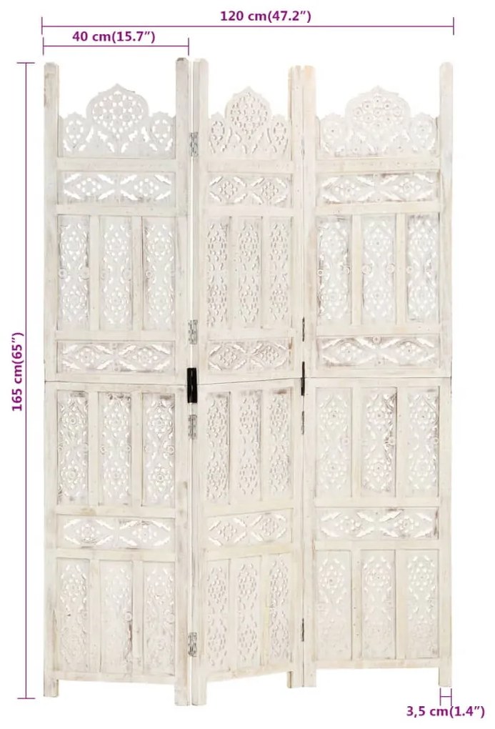 Biombo esculp. mão 3 painéis 120x165 cm mangueira maciça branco