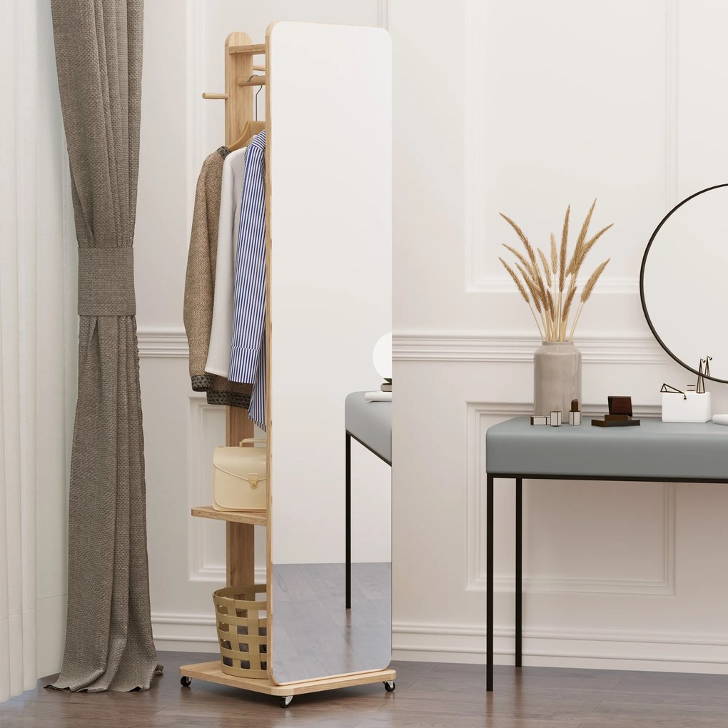 Espelho de pé com rodas 40 (L) x 44,5 (P) x 170 (A) cm Com cabides, 4 ganchos e prateleira em MDF com acabamento em madeira clara