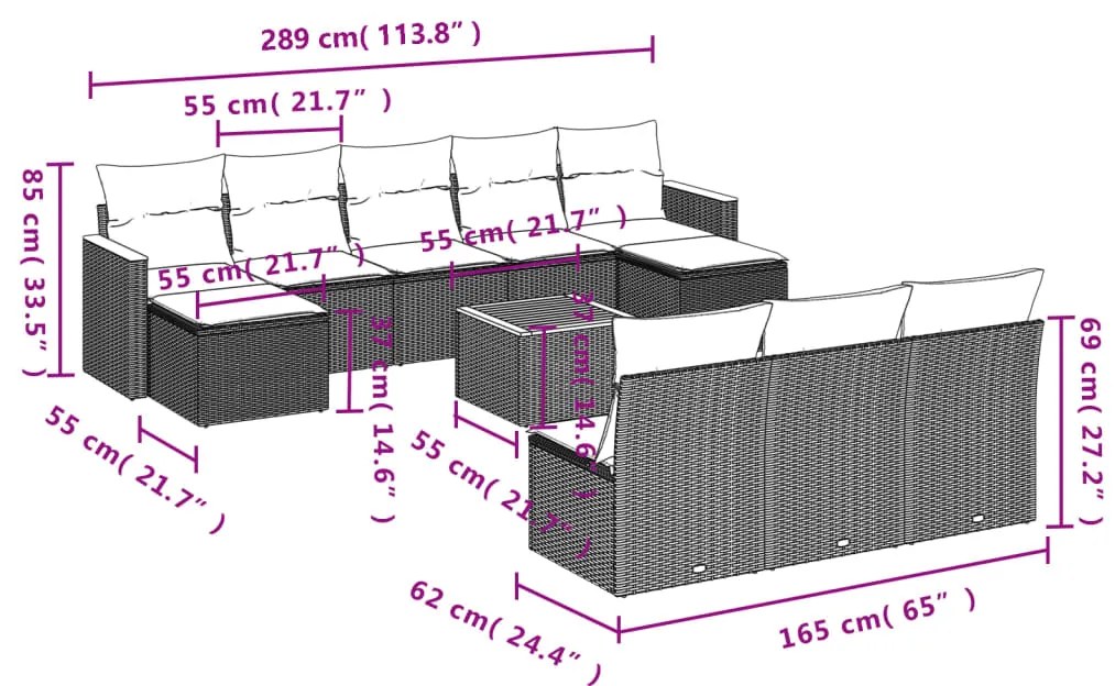 11 pcs conjunto sofás de jardim c/ almofadões vime PE preto