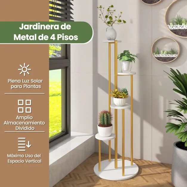 Estante de metal para plantas de interior com 125 cm de altura para plantas em vaso para casa, escritório e varanda Dourada, branco