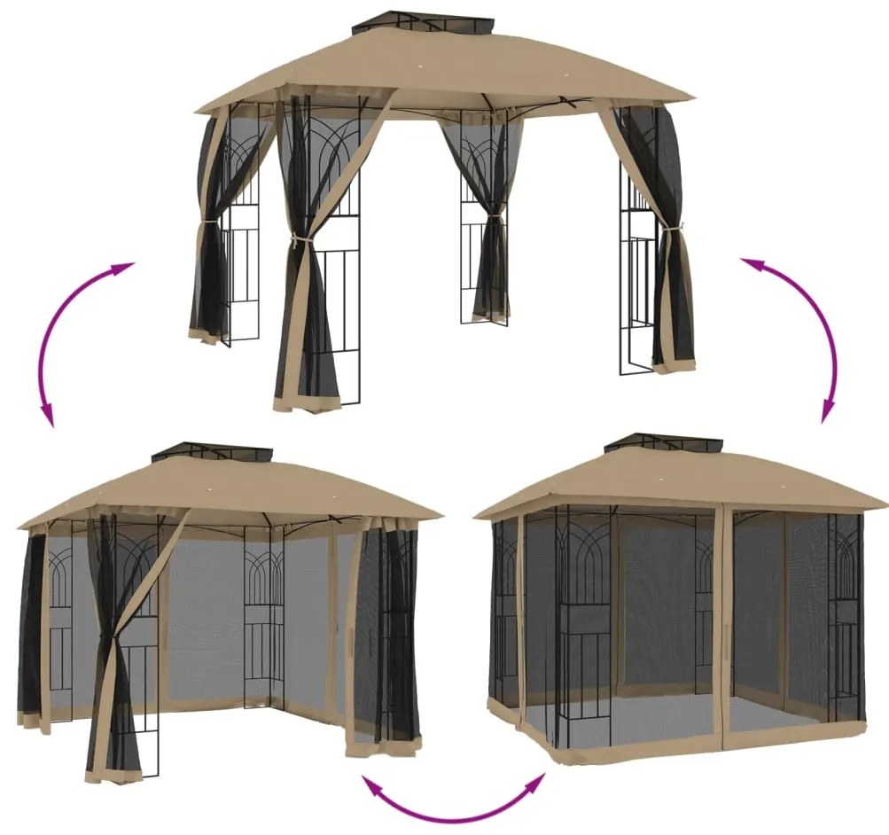 Gazebo c/ teto duplo/paredes de malha aço cinzento-acastanhado