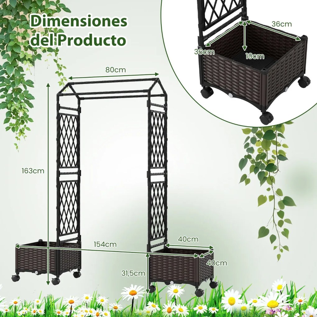 Floreira de jardim 81 x 40 x 162 cm com rega automática, com treliça e rodas bloqueáveis em rattan para plantas trepadeiras, tomates ou flores, castan