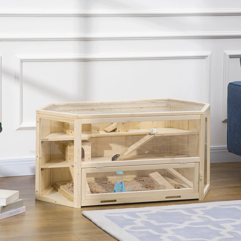 Gaiola para hamsters com 3 níveis, balancins, janelas, casinhas, tabuleiro deslizante, 115 x 60 x 55 cm, efeito de madeira natural