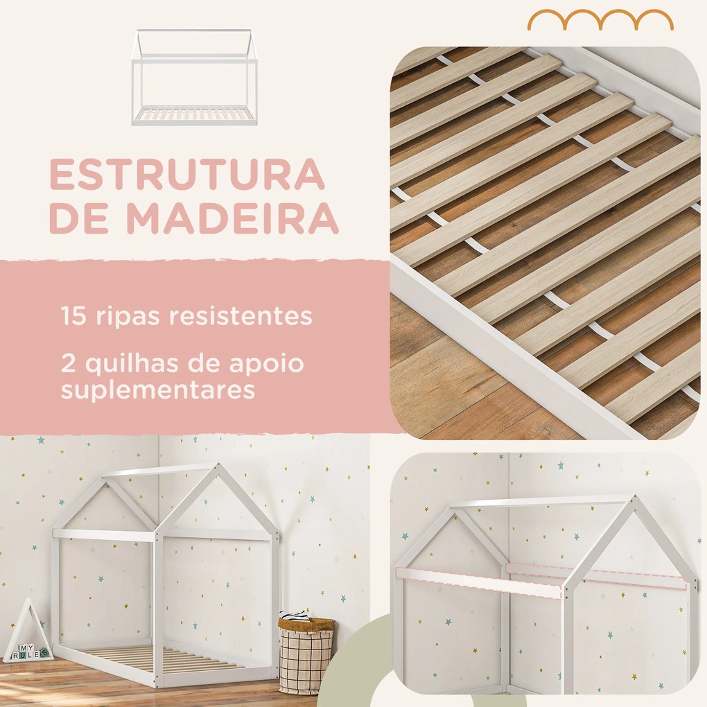 Cama Crianças 90x190 cm Somier de Madeira em Forma de Casa Carga 120 kg para Quarto Branco