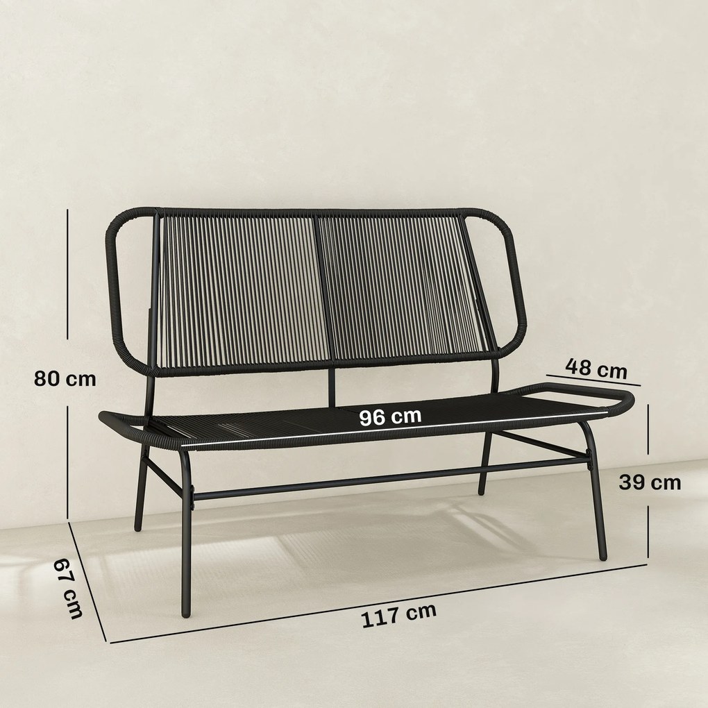 Sofá Exterior de Ratan de 2 Lugares com Assento e Encosto em Ratan, Estrutura de Aço, Suporta até 240 kg, Preto