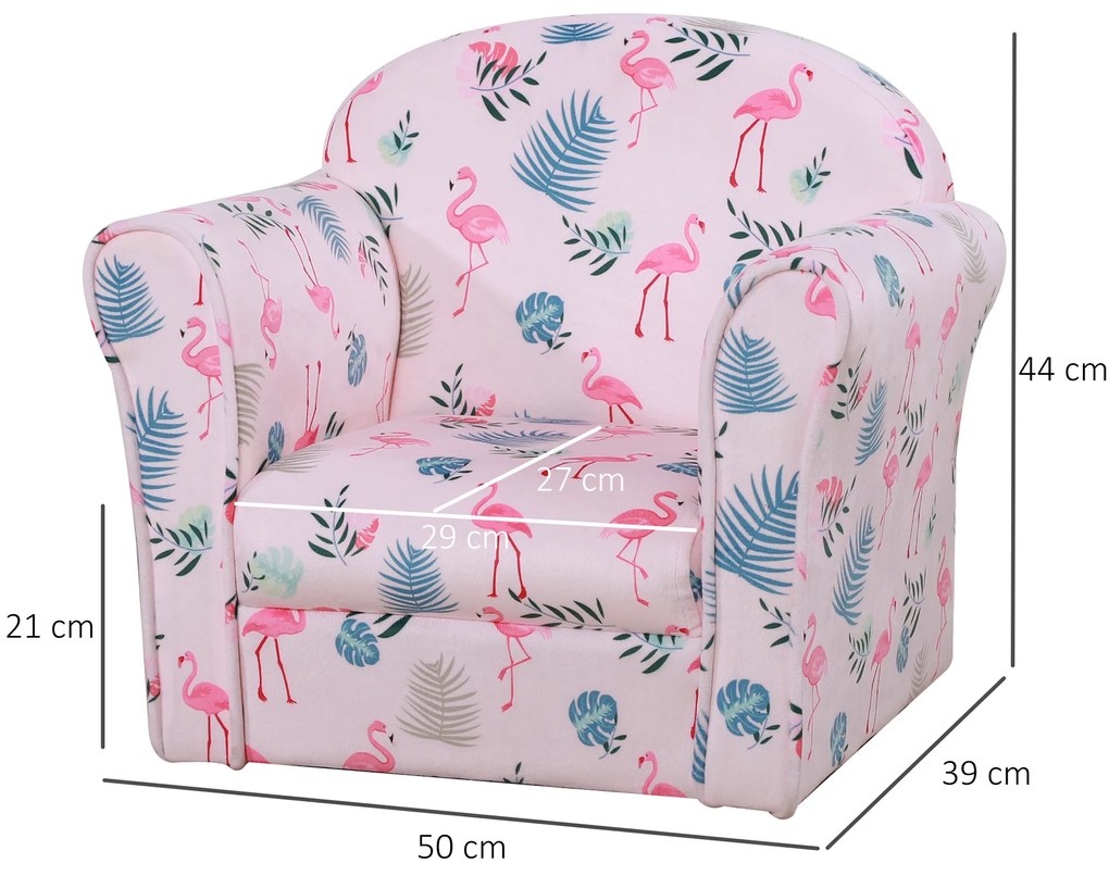 HOMCOM Poltrona para Crianças acima de 3 Anos com Desenhos de Flamingos Estrutura de Madeira e Estofado em Flanela 50x39x44 cm Rosa
