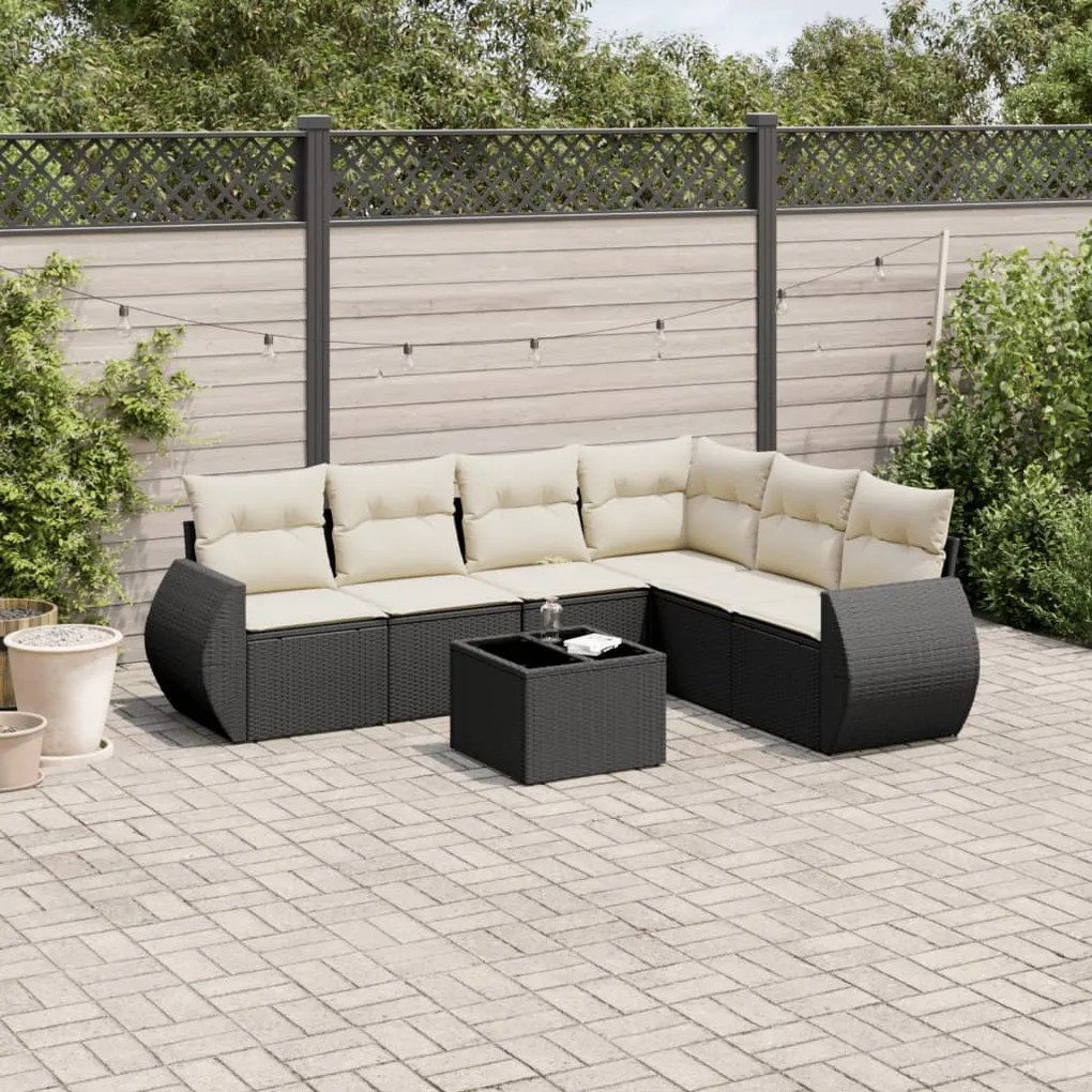7 pcs conjunto de sofás p/ jardim c/ almofadões vime PE preto