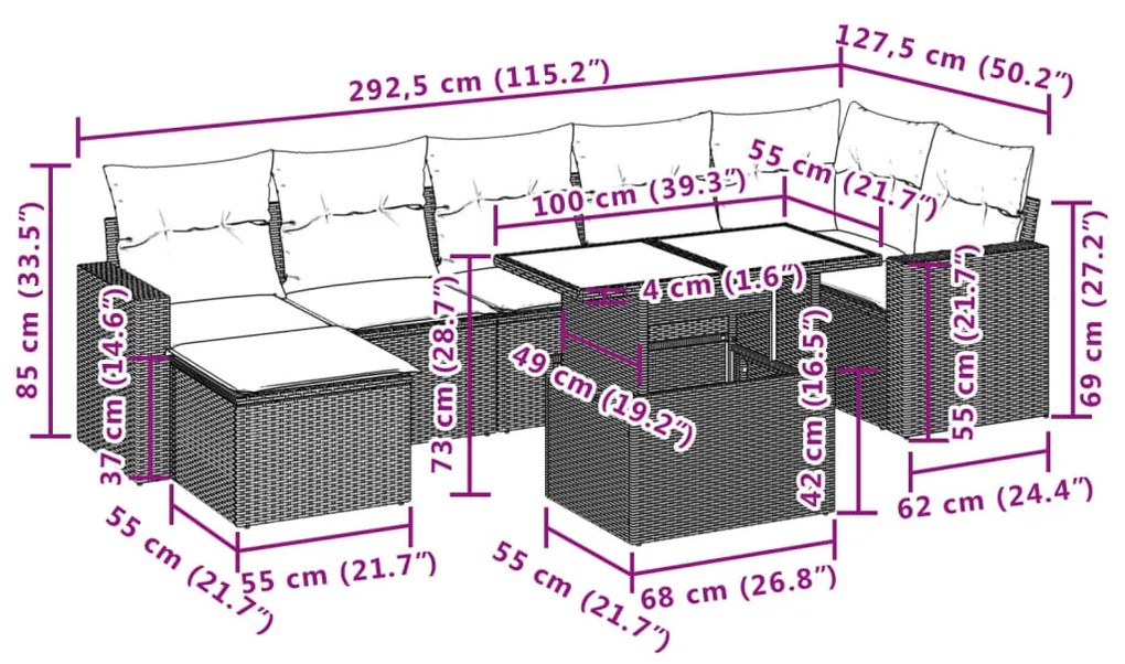 8 pcs conjunto sofás de jardim c/ almofadões vime PE castanho