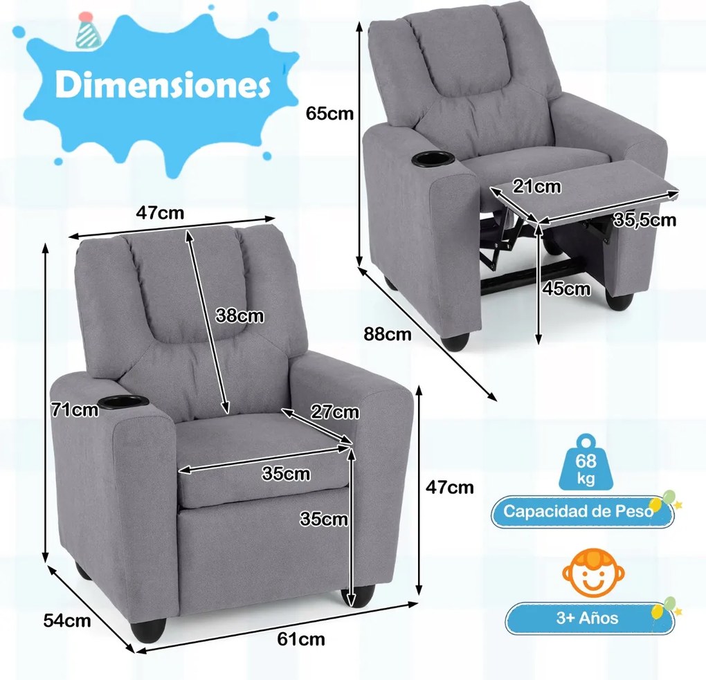 Poltrona reclinável para crianças em veludo, com porta-copos e apoio para os pés ajustável, para sala de estar ou área de jogos, a partir dos 3 anos,