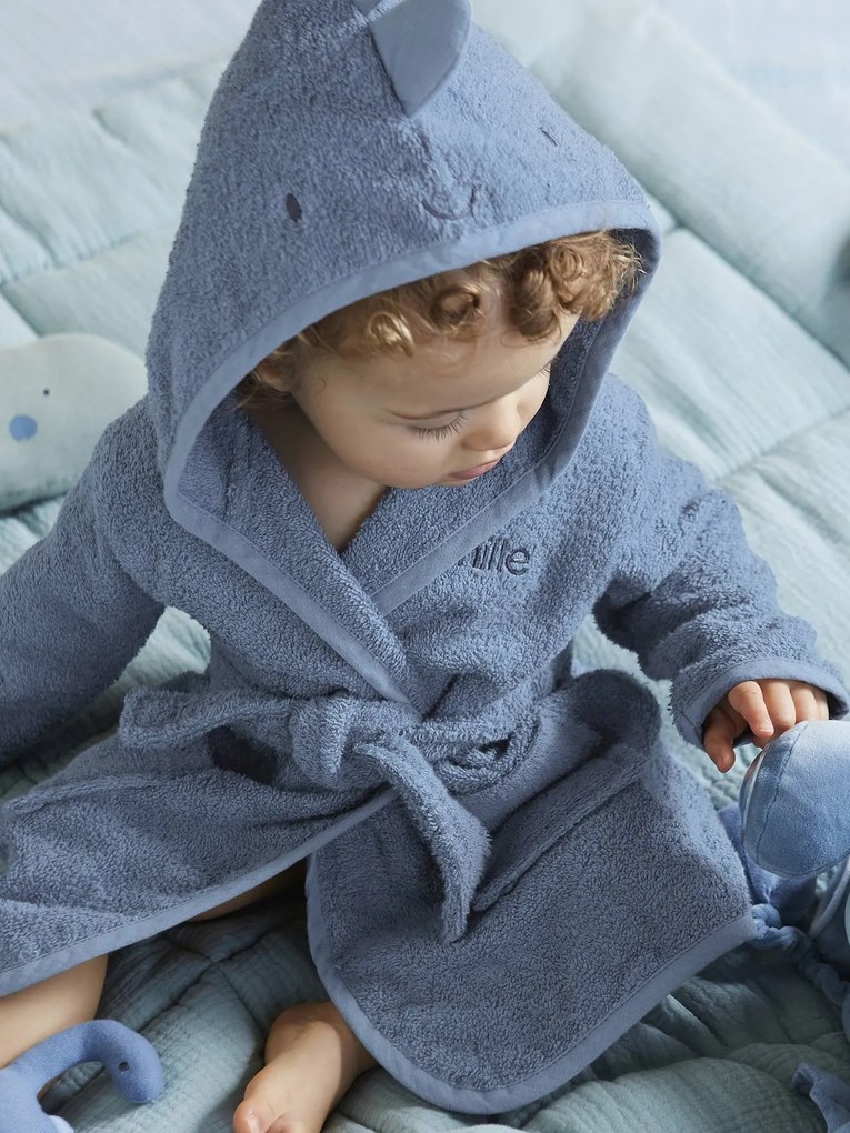 Roupão personalizável para bebé, Pequeno Dinossauro azul escuro liso
