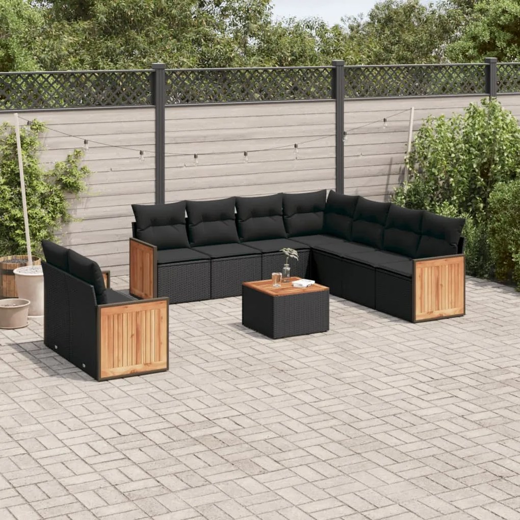 vidaXL 10 pcs conjunto sofás de jardim c/ almofadões vime PE preto