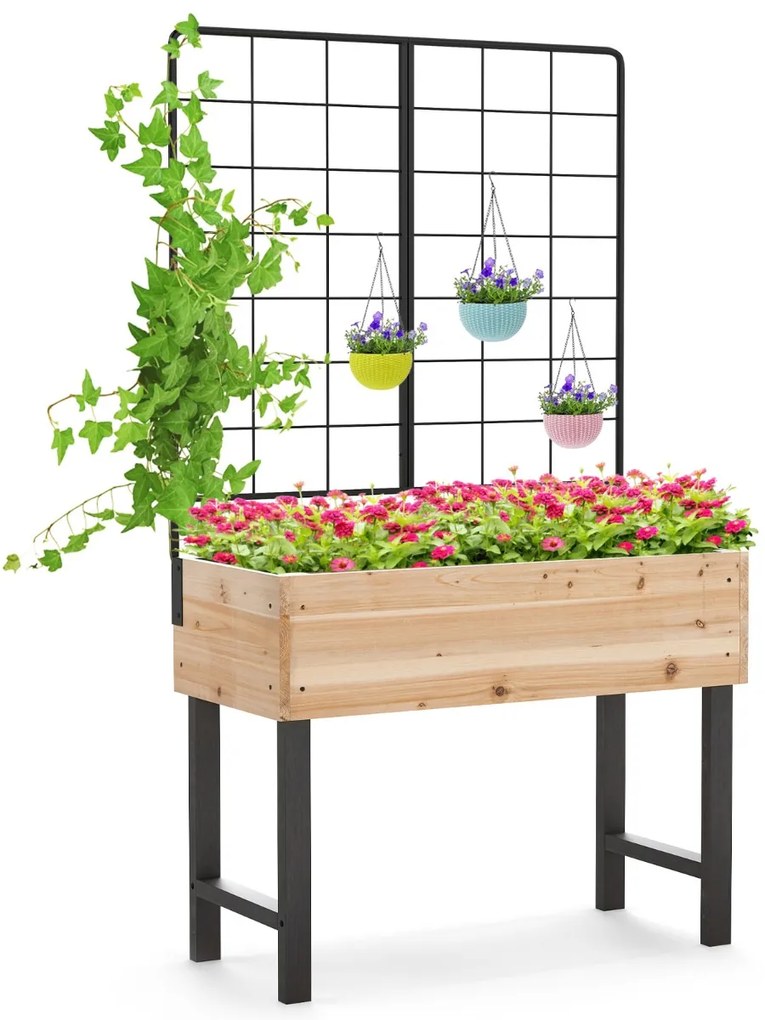 Floreeira elevada de jardim 79 x 35 x 138 cm com treliça Caixa para flores em madeira de abeto para terraço, pátio e varanda Natural