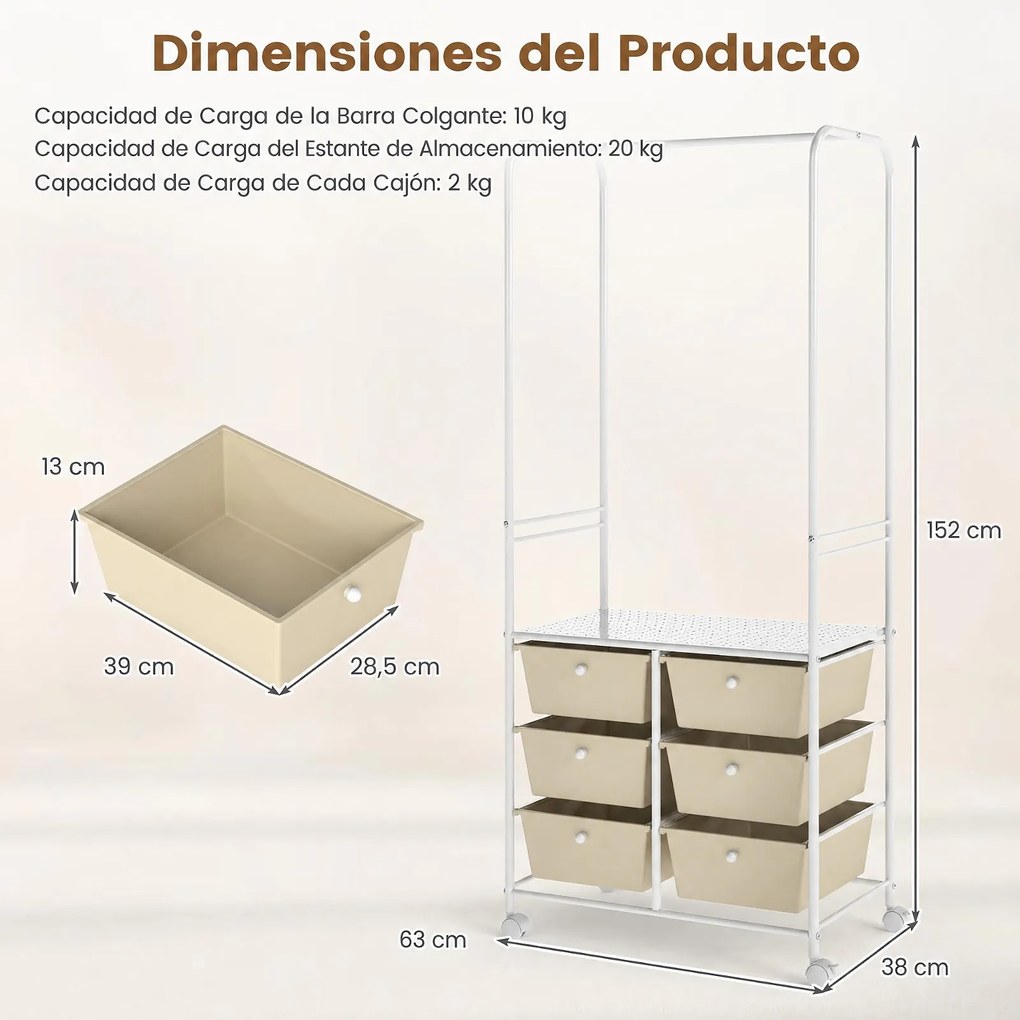 Guarda roupa aberto, 63 x 38 x 152 cm, 6 Gavetas e Rodas com Travão, Branco