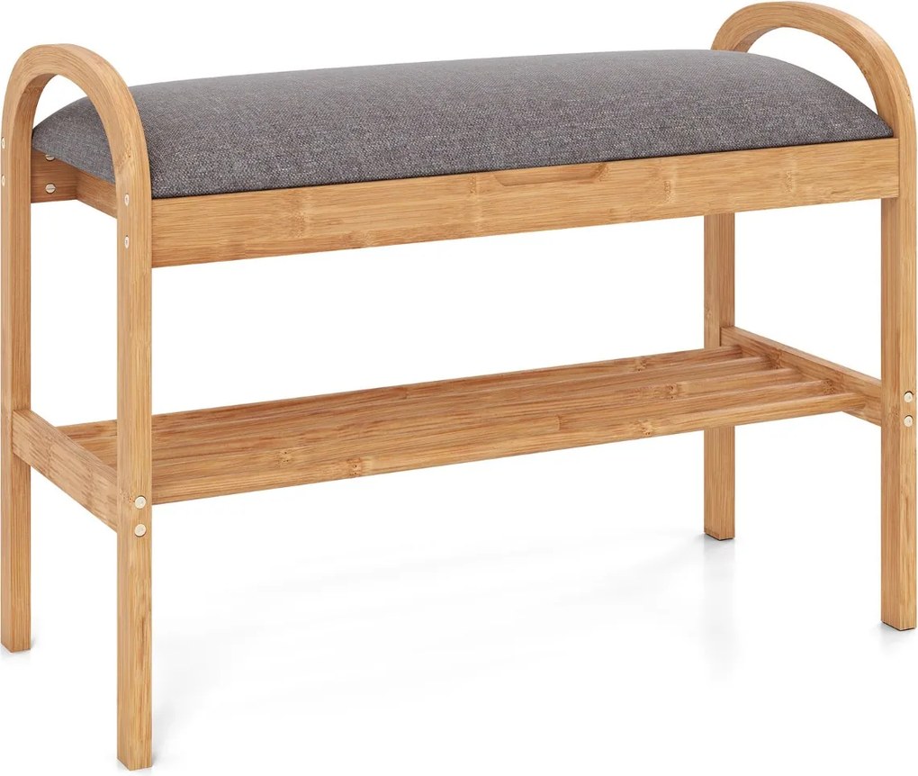 Banco para sapatos em bambu 70 x 31 x 51 cm com 2 níveis, almofada acolchoada e prateleira de arrumação para a entrada, corredor, sala de estar e quar
