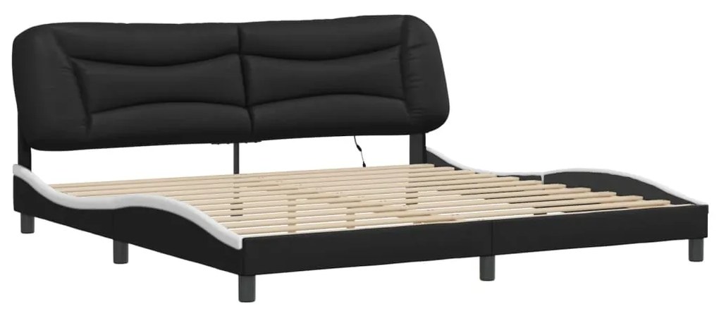 Estrutura cama c/ luz LED 200x200 cm couro artif. preto/branco
