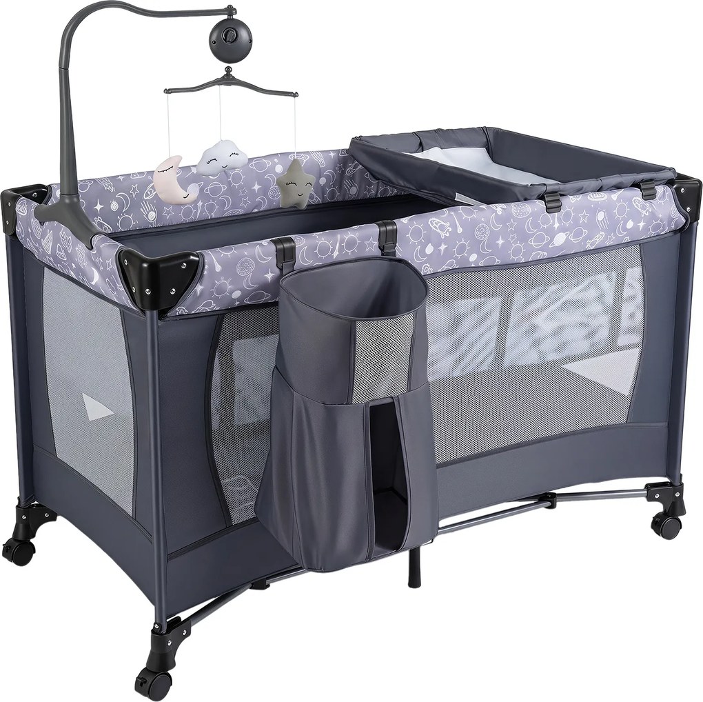 Cama de Viagem Dobrável para Bebé com Trocador, 126 x 65 x 77 cm, 4 Funções, Cinzento-escuro