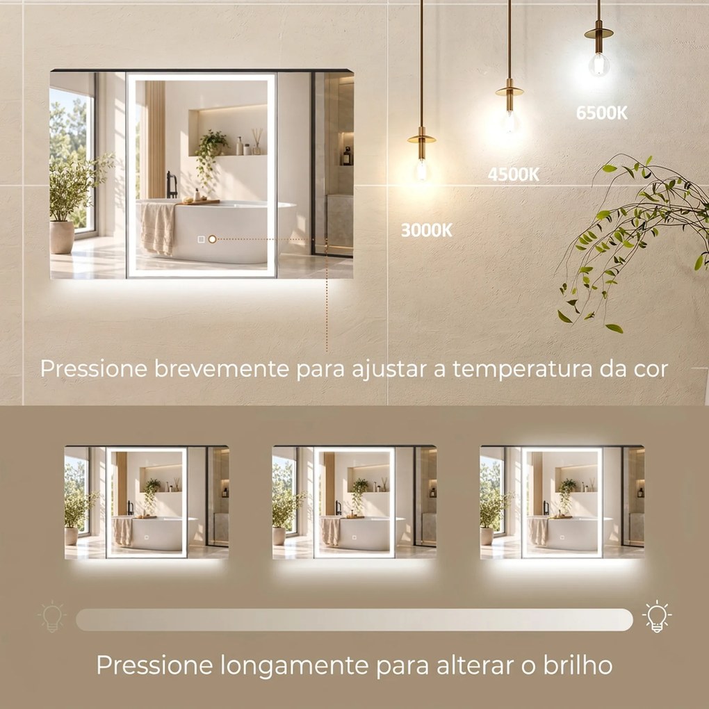 Armário de Casa de Banho com Espelho LED, Tomada, 3 Portas, Antiembaciamento e Prateleiras Ajustáveis, Preto