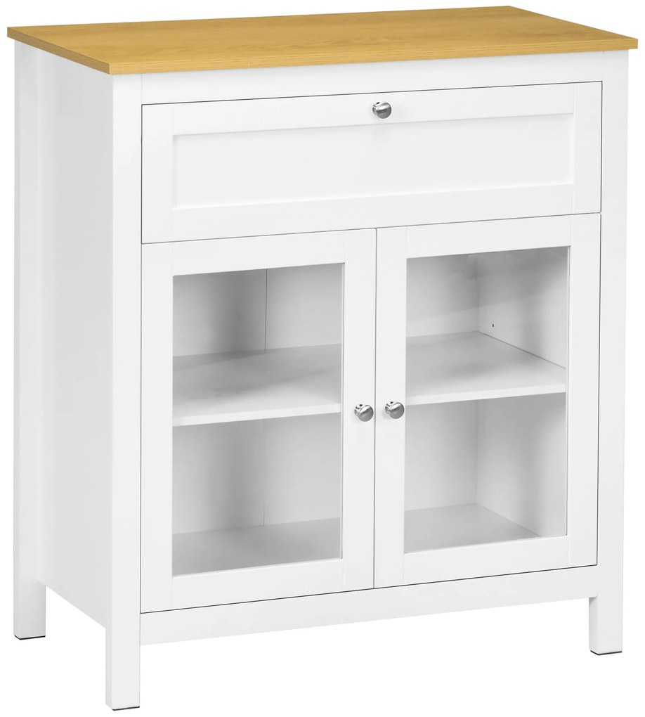 HOMCOM Aparador Cozinha Moderno Móvel Buffet Auxiliar Gaveta Prateleira Ajustável e 2 Portas de Vidro 80x40x90 cm Branco e Madeira | Aosom Portugal