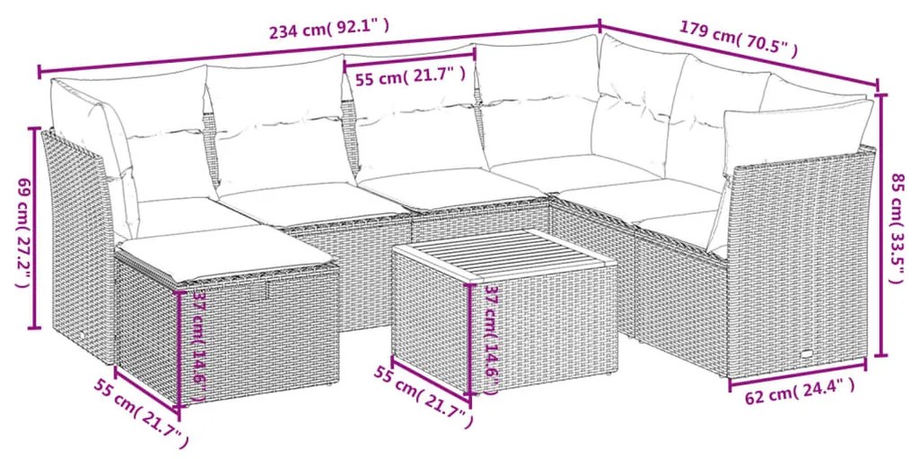 8 pcs conj. sofás jardim c/ almofadões vime PE bege misturado