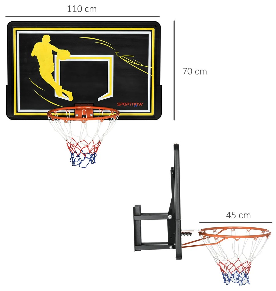 Tabela de Basquetebol de Parede para Interior Exterior Tabela de Basquetebol para Adultos 110x90x70 cm Preto e Amarelo