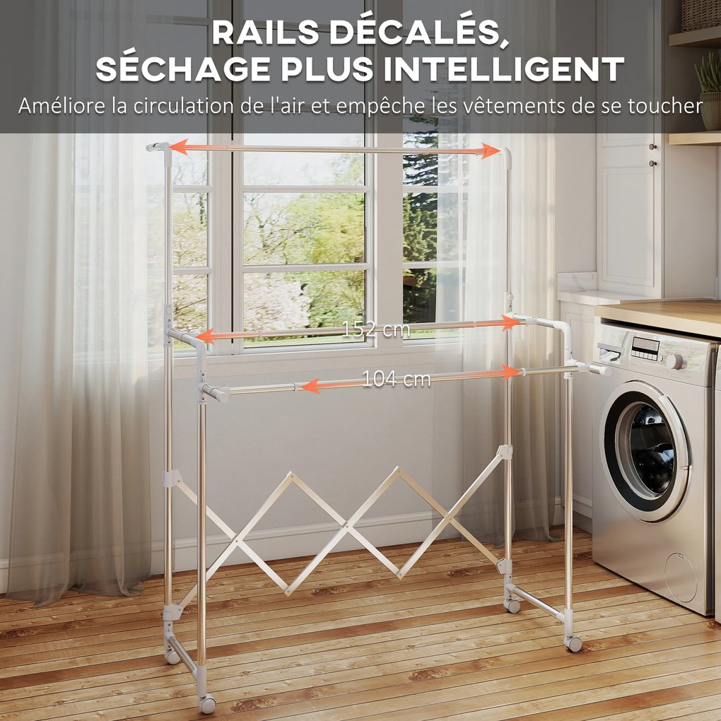 Estendal de roupa dobrável para interior com 3 barras ajustáveis e 4 Rodas, 104-150 x 103 x 145-197 cm, prateado