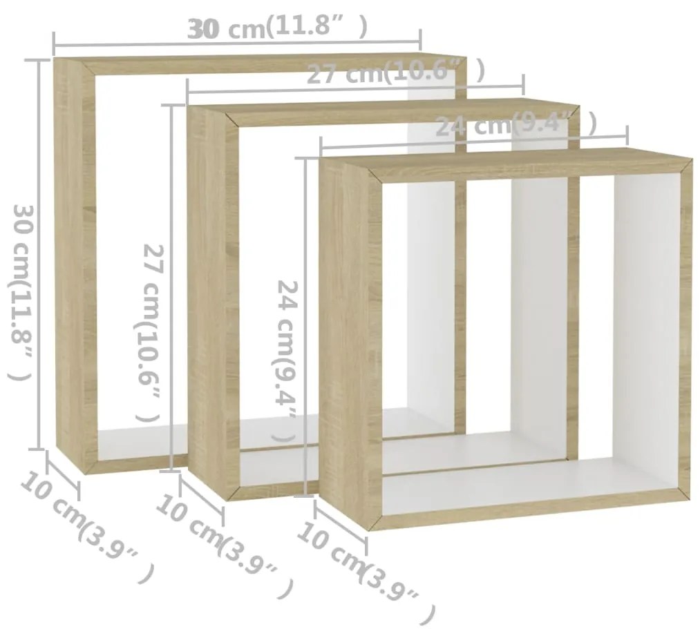 Prateleiras parede forma de cubo 3pcs cm branco/carvalho sonoma