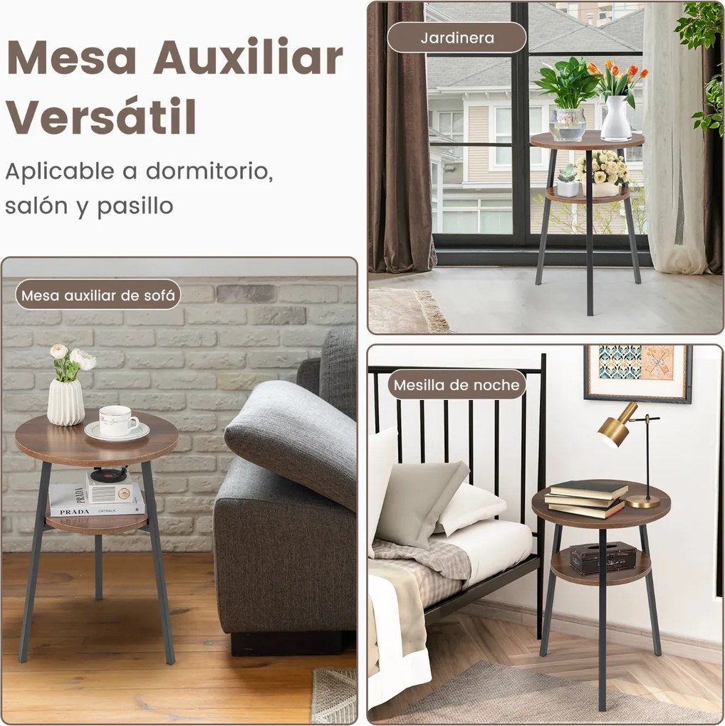 Mesa Auxiliar Redonda de 2 Níveis, 43 x 39 x 55 cm, Arrumação Aberta, Cor Nogueira
