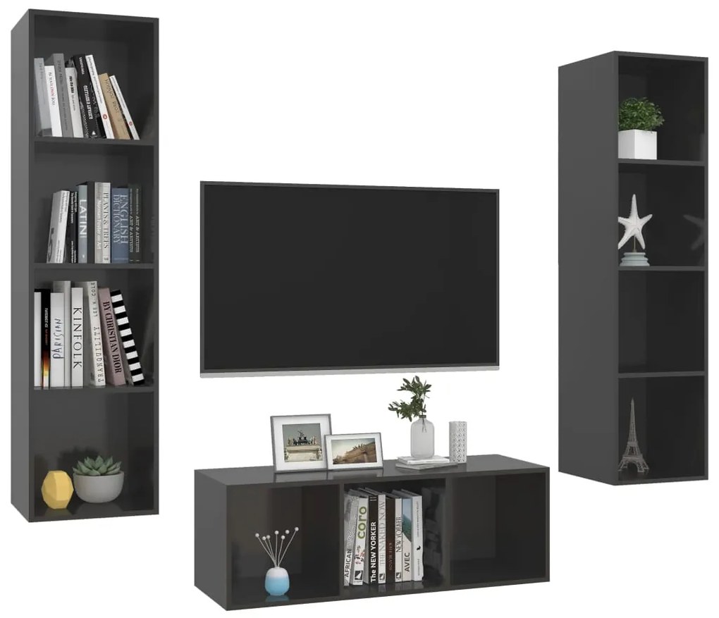 3 pcs conjunto móveis de TV derivados madeira cinza brilhante