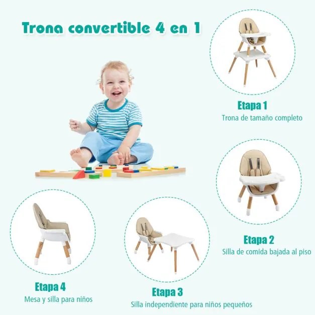 Cadeira alta refeições bebés 4 em 1 conversível em madeira com arnês de 5 pontos, bandeja removível e ajustável em 4 posições e almofada em PU cáqui