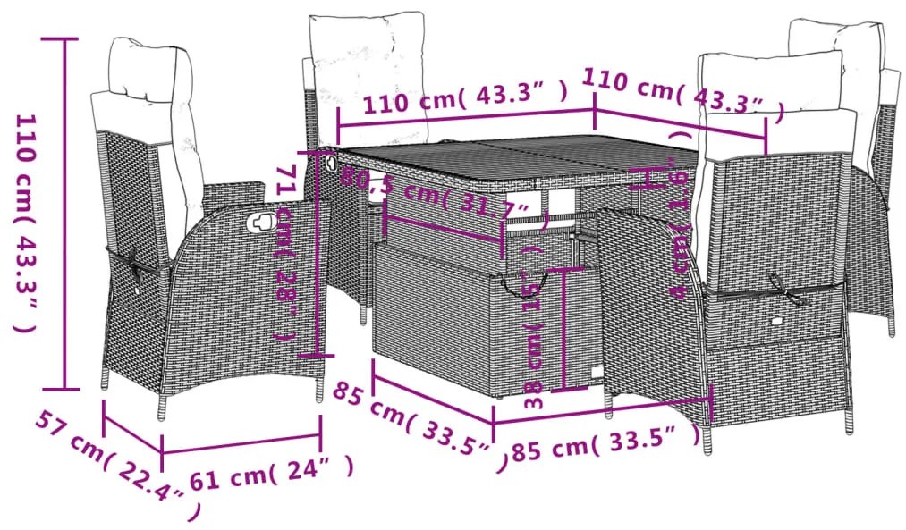5 pcs conjunto de jantar p/ jardim com almofadões vime PE bege
