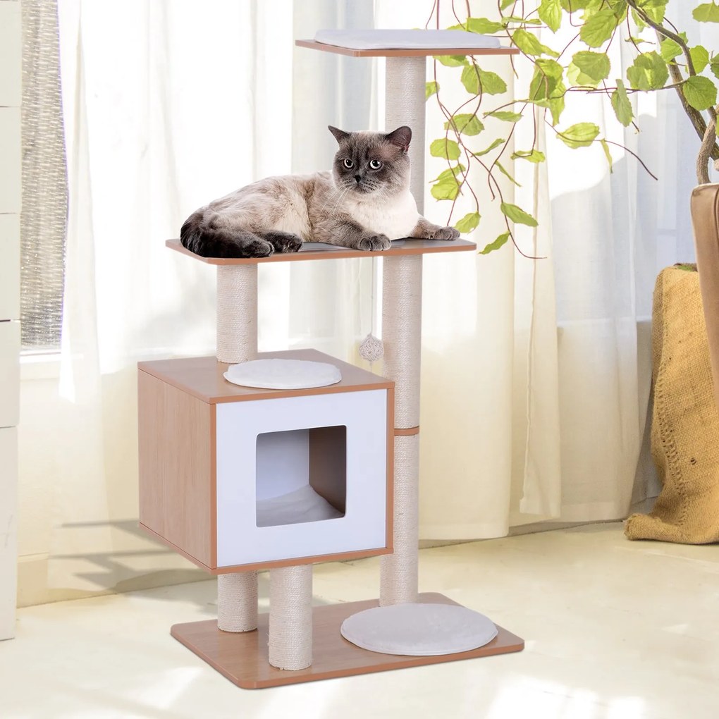 Árvore Arranhadora para Gatos de Madeira 71,5x49,5x120cm Torre para Gatos com Caverna Plataformas Postes Arranhadores de Sisal Almofadas de Pelúcia Su