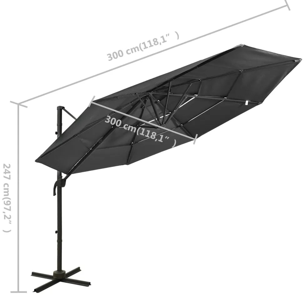 Guarda-sol de jardim 4 camadas c/ poste alumínio 3x3m antracite