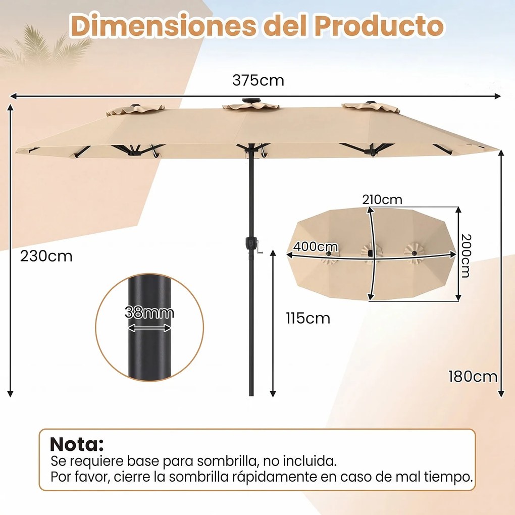Guarda-sol duplo resistente, 400 x 210 cm (BASE NÃO INLCUIDA), com 108 luzes LED solares, manivela fácil de utilizar e 12 varas de metal, para jardim,