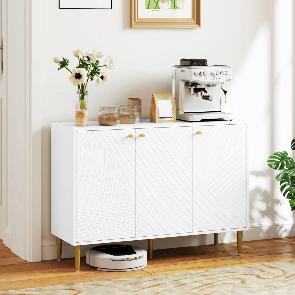 Aparador com 2 armários de 3 portas, prateleiras ajustáveis e pés dourados em aço, 107 x 35 x 77 cm, branco