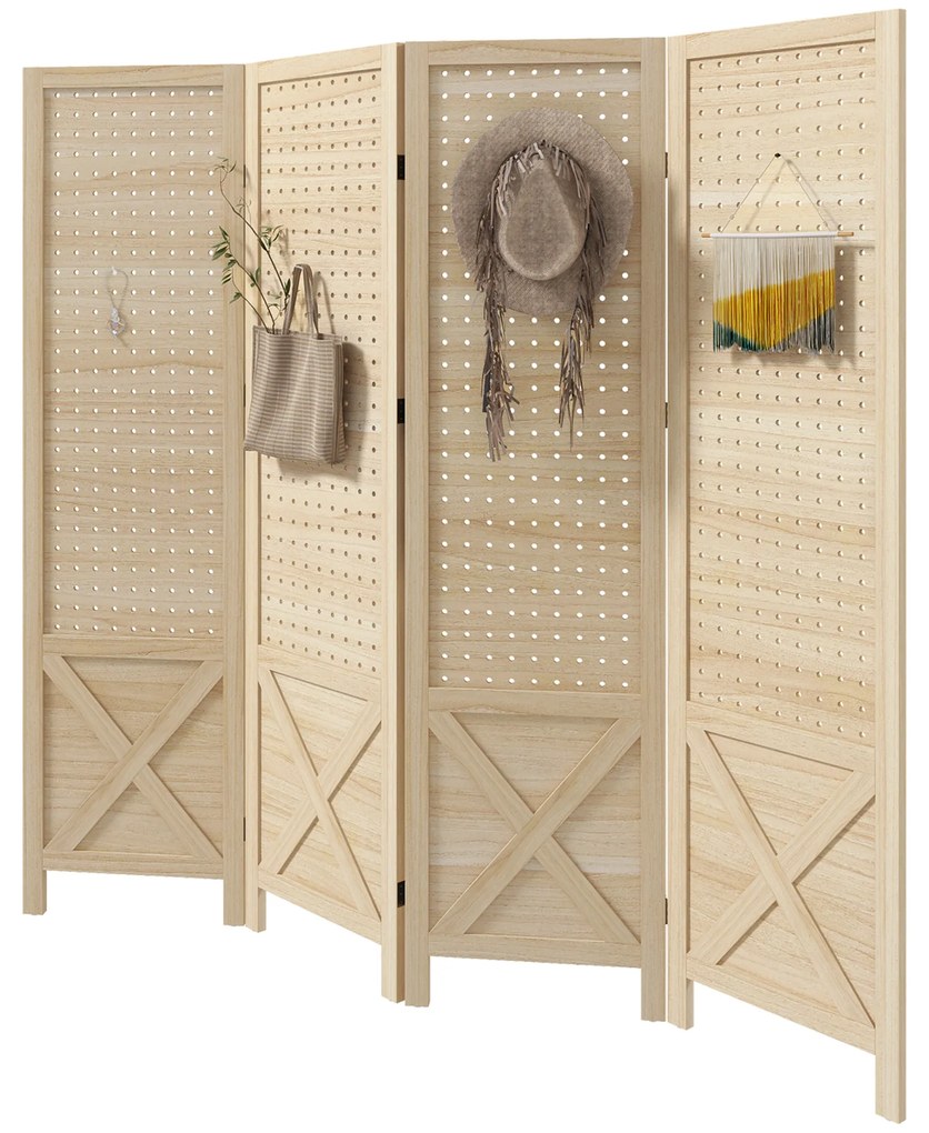 HOMCOM Biombo de 4 Painéis Separador de Ambientes Dobrável 152x1,7x144,5 cm Painéis com Orifícios para Pendurar Madeira