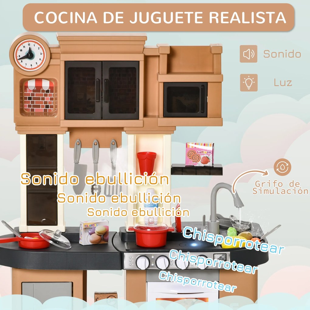 HOMCOM Cozinha Infantil com 58 Peças para Crianças acima de 3 Anos Cozinha de Brincar com Luz Sons Lavatório Torneira com Água e Forno 63x35x84cm Marrom