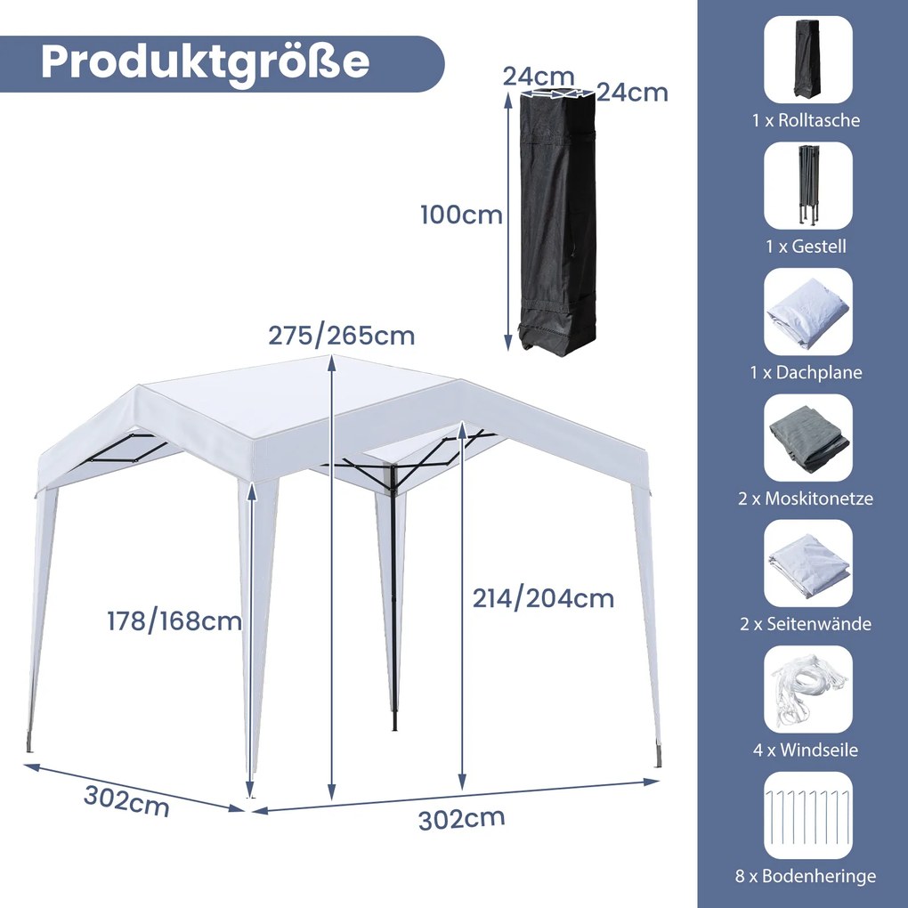 Tenda 3x3 m dobrável jardim, festas, eventos com redes mosquiteiras, bolsa de transporte, 8 estacas e 4 cordas para vento impermeável Branca